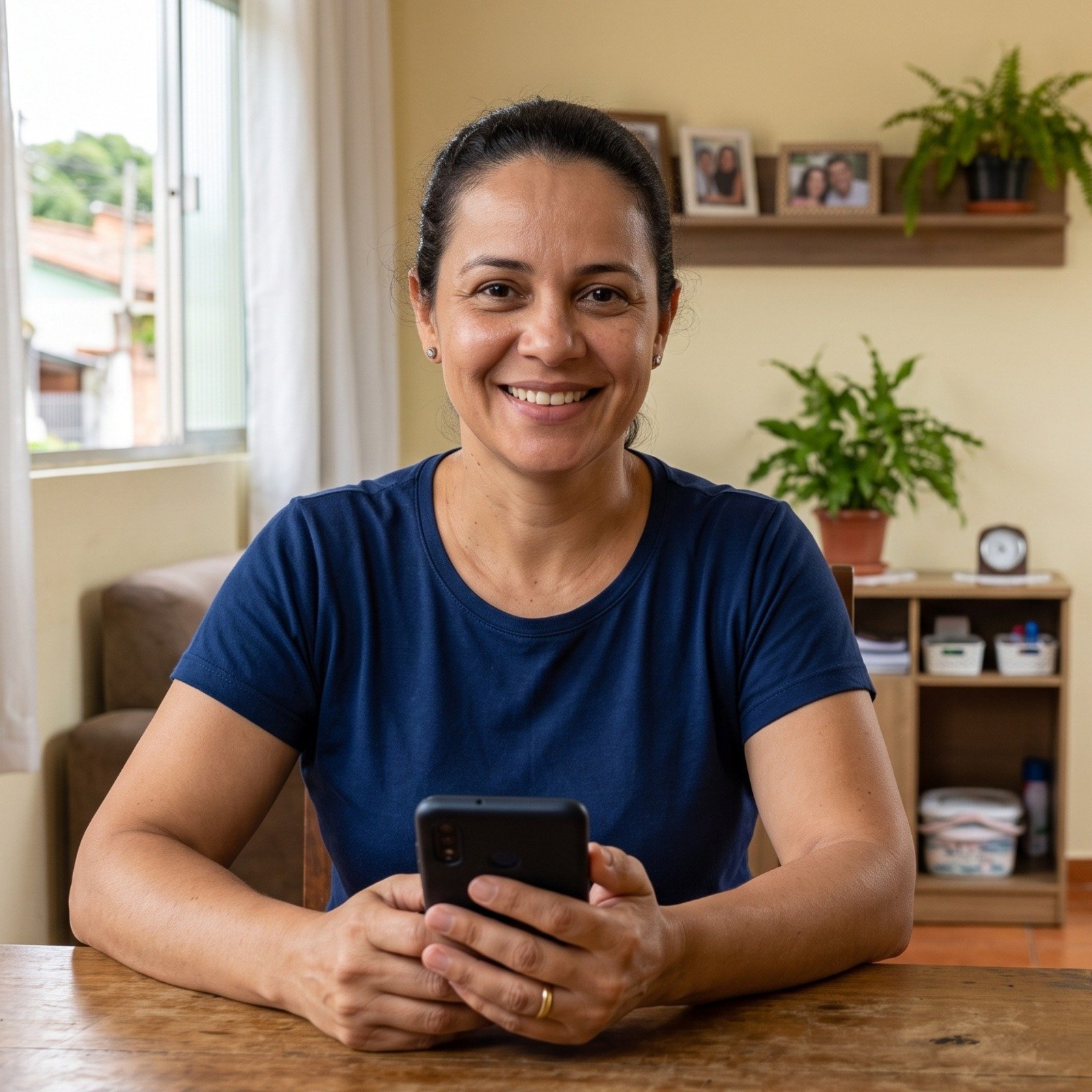 Mulher real sorrindo segurando celular